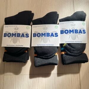 3-pair BOMBAS XS youth crew socks. Fits kids shoe 1-6 US. Black, blue, orange.